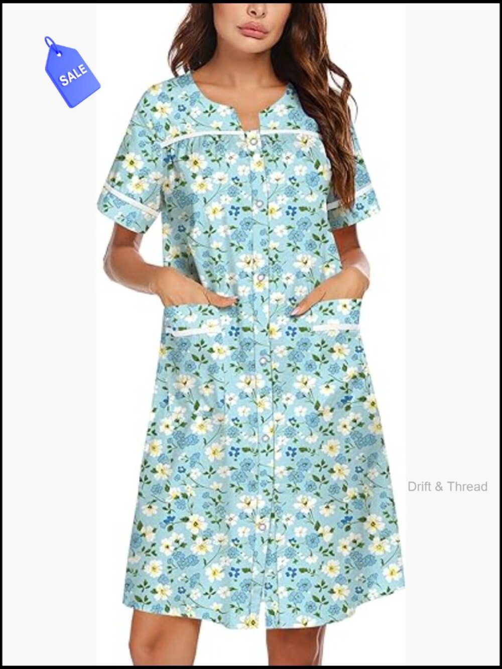 Nightgown with Pockets Snap Front House Dress Short Sleeve S-3XL